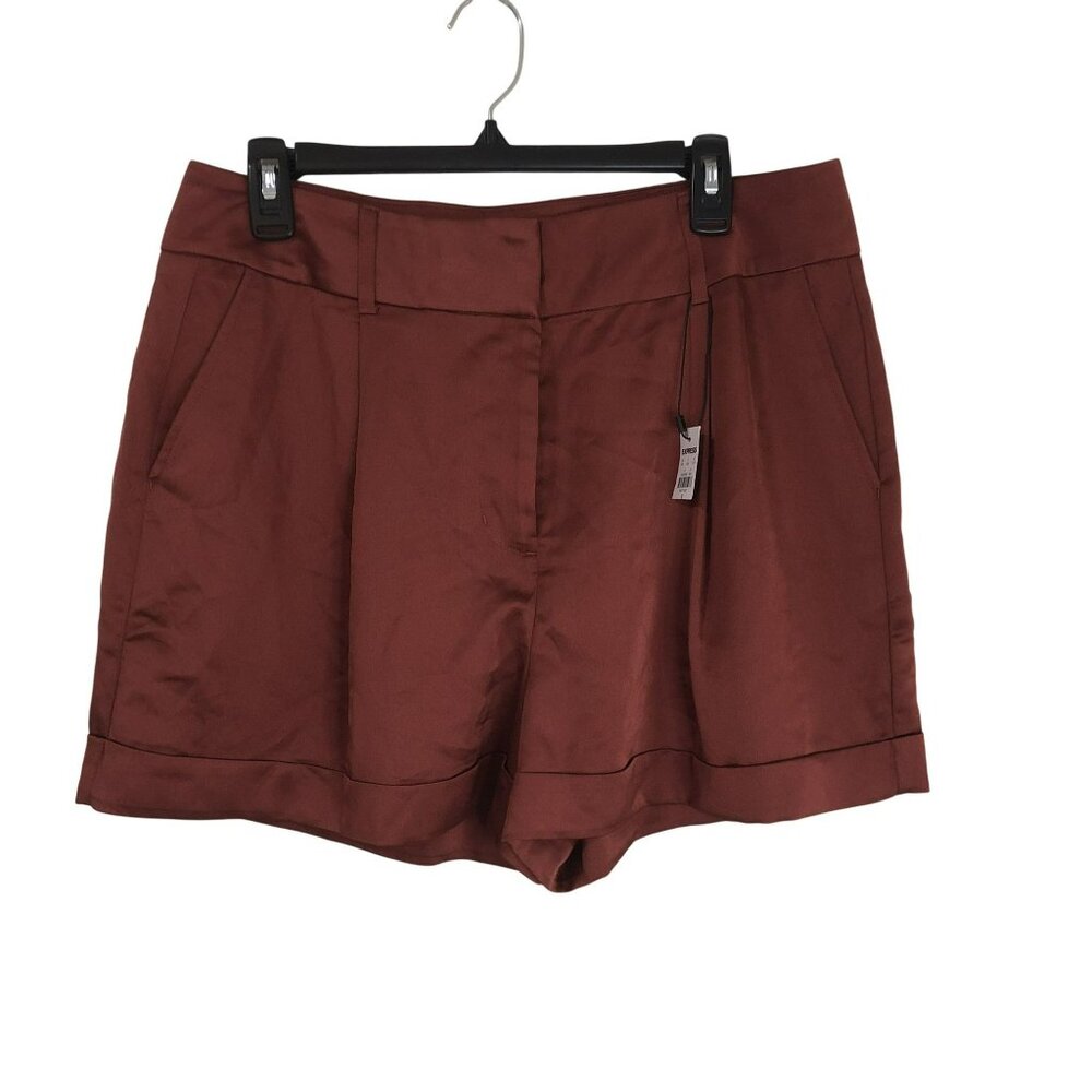 NWT Express Shorts Rust Satin Shortie Size 12 Pockets & Button Closure Womens